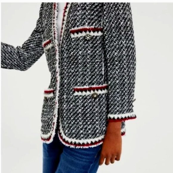NWOT Zara Woman Black White Red boucle Tweed Jacket Blazer M - Picture 3 of 10